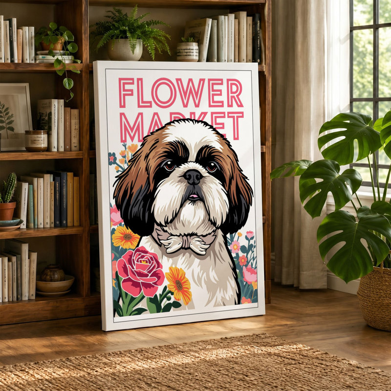 Flower Market Pup Modern - Wrapped Canvas, 36x24 - 91.4 x 61.0 cm, White Border