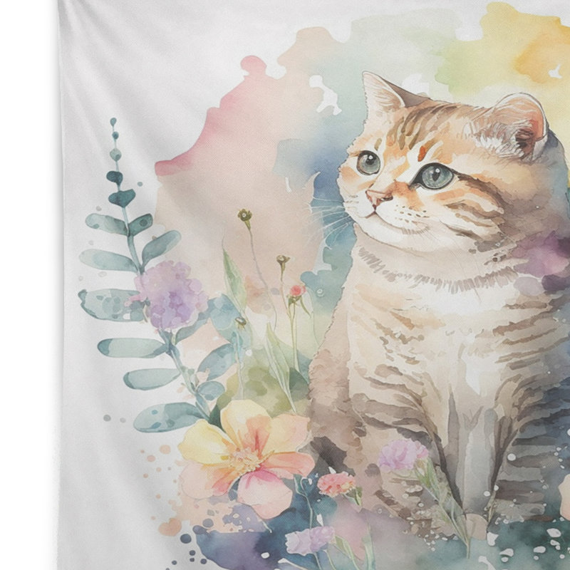 Petit chaton en polyester entouré de fleurs colorées et d'une tapisserie avec des punaises, H 32 po x l 39 po
