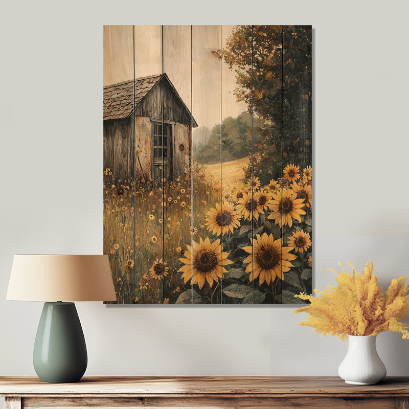 Country Side Sunflowers By The Chicken Coop II - Sunflowers Wood Wall Art - On Natural Pine Wood, 20" H x 10" W x 0.78" D