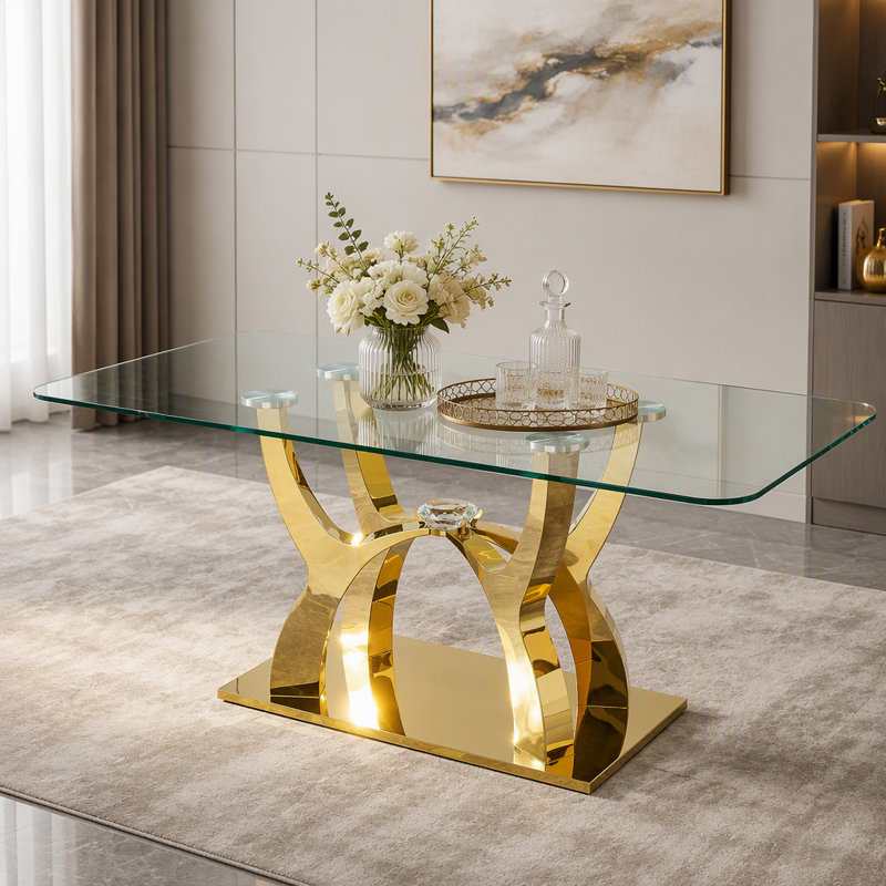 Table de salle à manger de luxe en verre pour 6 personnes, plateau en verre transparent de 175 cm (68,9 pouces) avec piètement incurvé moderne doré, table de salle à manger contemporaine avec accents de cristal