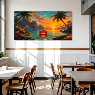 Canvas Wall Art Tropical Sunset Scene o Lantern Floating Calm Water Palm Trees Wall Decor for Living Room Bathroom Bedroom Office 24"H x 48"W Art Paintings, Ready to Hang