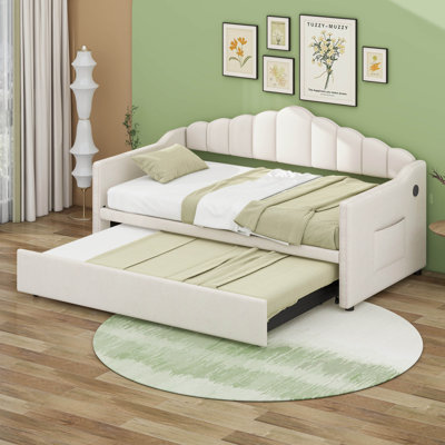 Upholstered Twin Size Daybed With Adjustable Height Pop Up Trundle And USB & Type-C Charging Port, 2 Side Pockets