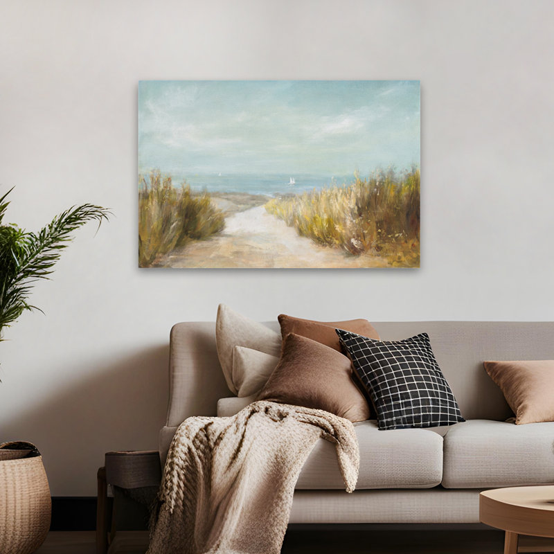 Plage et herbes de plage, voiles lointaines, H 32 po x l 48 po