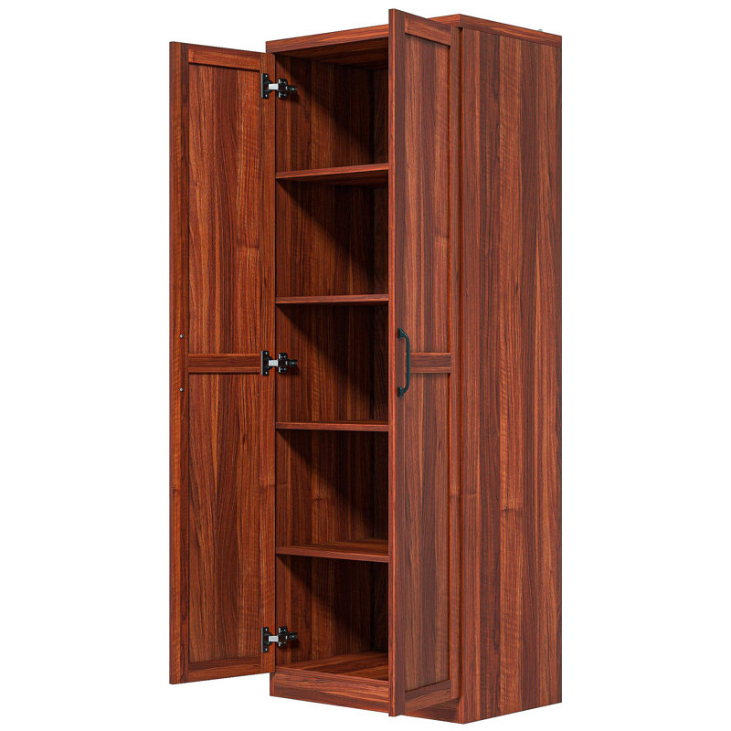 63" 2-Door Kitchen Pantry, Freestanding Storage Cabinet With 5-Tier Shelving And 2 Adjustable Shelves For Dining Room, Tan