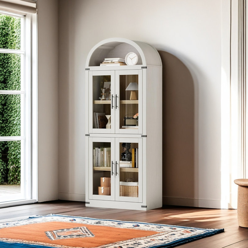 4-door Arched Bookshelf With Glass Doors For Living Room, Kitchen, Office, White