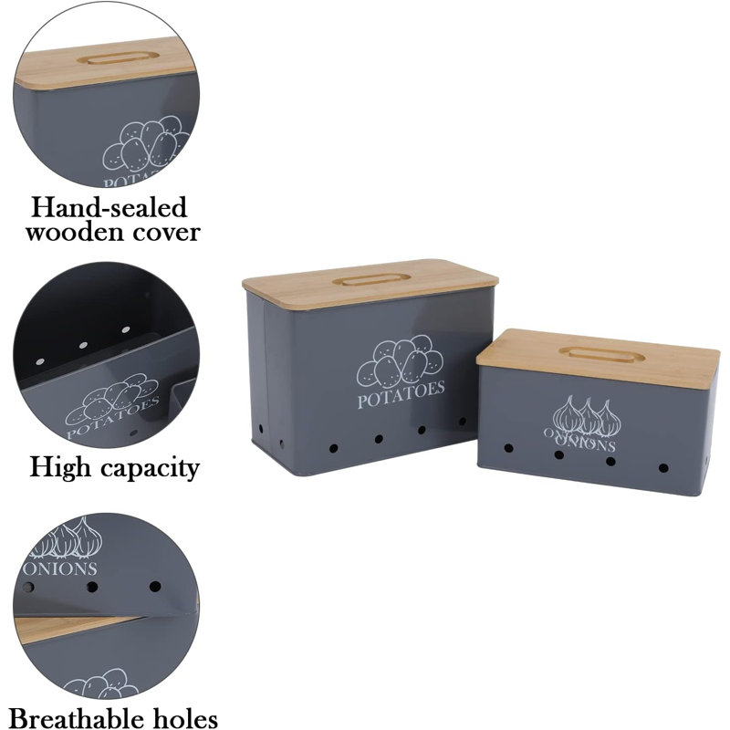 Potato Onion Storage Box, Food Container Sets, Storage Canisters For Vegeatables, Set Of 2 Jars Pots Containers, Potato, Onion Bin With Aerating Tin Storage Holes, Bamboo Lid-Gray