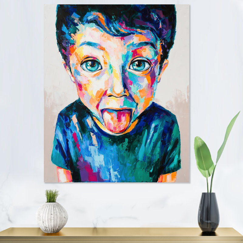 «Cute Kid Portrait on Stroke Paint II» - Peinture, H 20 po x l 12 po x P 1 po, Toile tendue