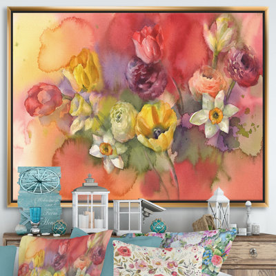 Bouquet de tulipes avec fleurs jaunes et rouges - reproduction d'art sur toile