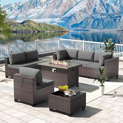 Yasmina 8-Pieces All-Weather Wicker Outdoor Conversation Sets With 55,000 BTU Fire Pit Table And Cushions