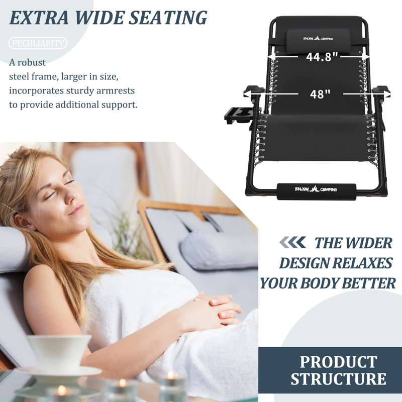 Oversized 33In XXL Zero Gravity Chair Folding Patio Lounge Chair with Cushion and Cup holder, Black, 45" H x 33" W x 30" D