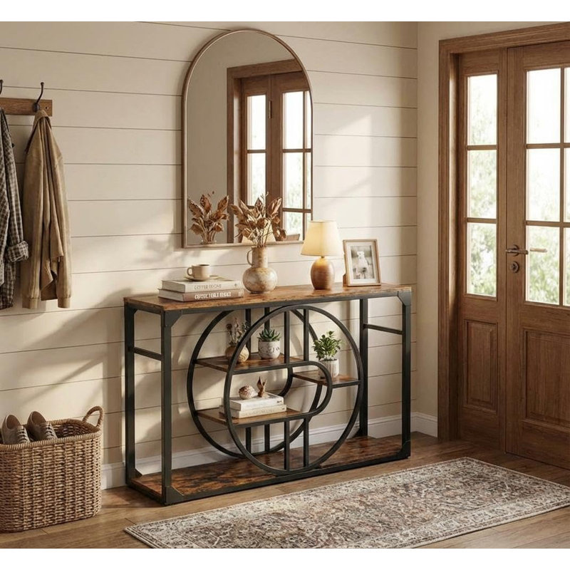  Table de hall d'entrée industrielle 55 po avec rangement à 5 niveaux, console en forme de o en métal pour petit vestibule / salon, table de canapé rustique étroite avec tablettes ouvertes pour le hall d'entrée et la maison