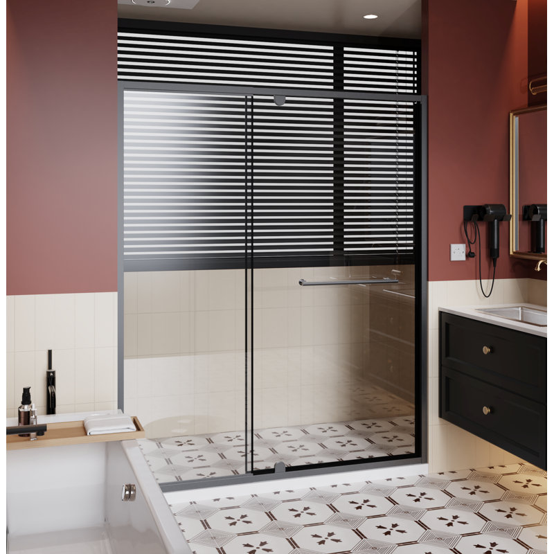 60.In W X 72.In H Pivot Shower Door, 1/4 Inch Thick Clear Tempered Glass Swing Shower Door With Stainless Steel Handle, Black