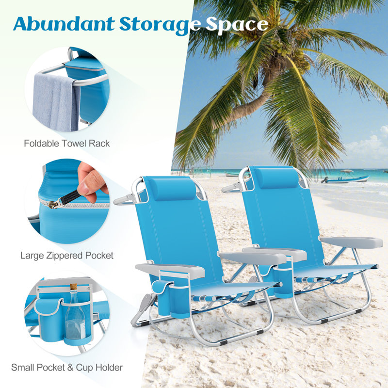 Aluminum Lightweight Portable Folding Beach Chair With Headrest And Cup Holder, Blue