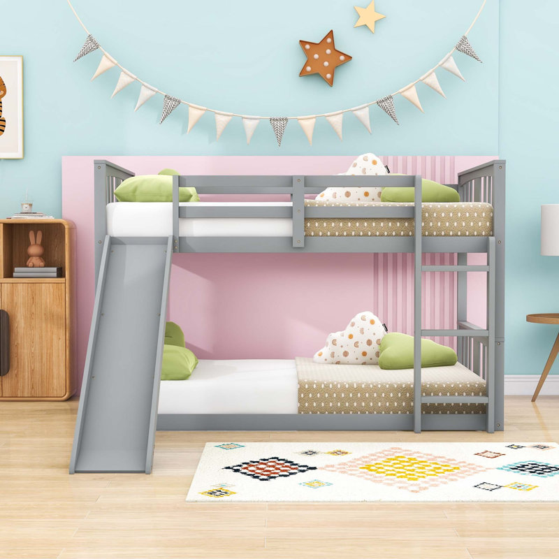 Karmello Bunk Bed With Ladder And Slide, Gray, Twin over Twin