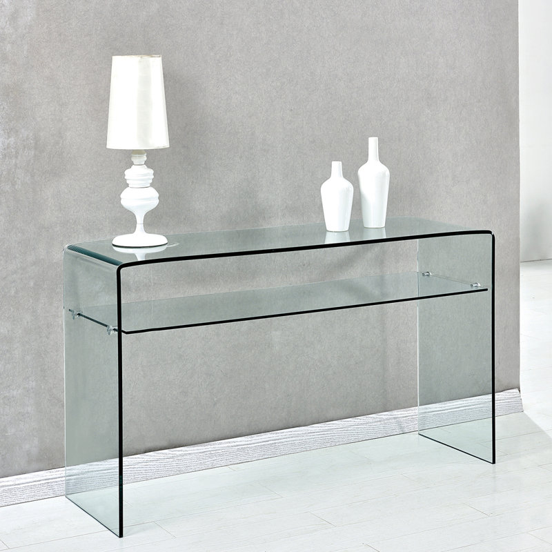 Console en verre, console en verre trempé transparent avec bureaux à bords arrondis, table de canapé