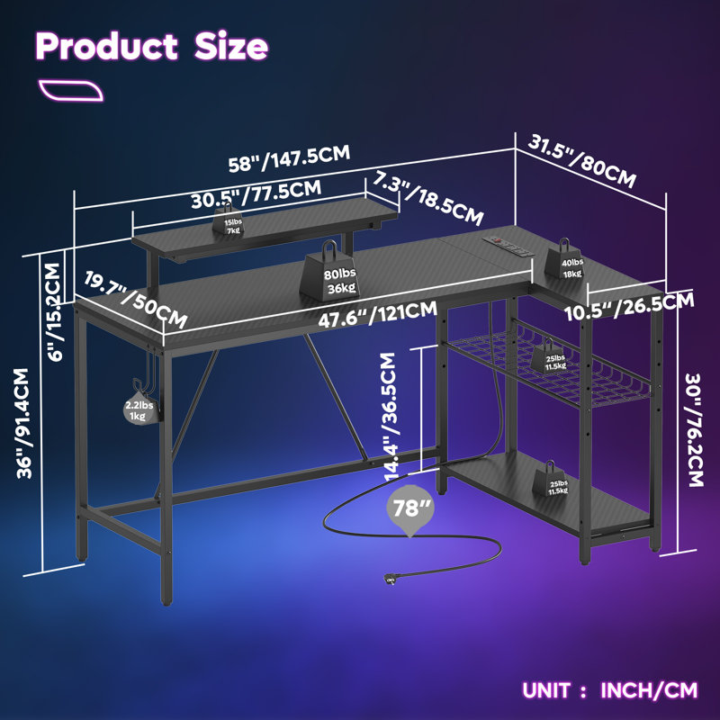 Baford L-Shaped Computer Desk with Power Outlet, Gaming Table with Monitor Stand and Shelves, Rustic Brown/Black