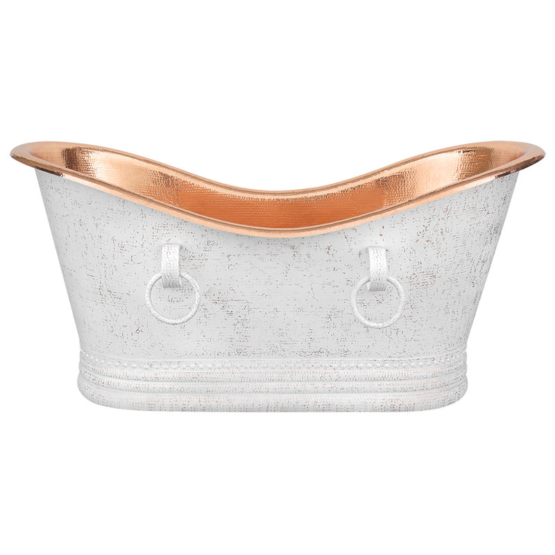67" Hammered Double Slipper Bathtub With Rings, Glazed White/Polished Copper
