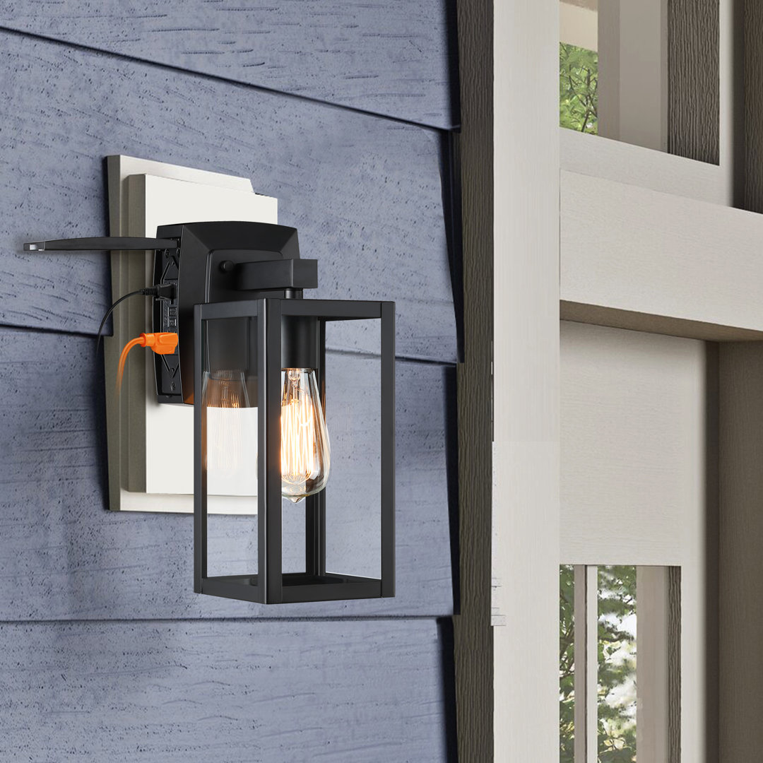 Matte Black Outdoor Wall Lantern Sconce with GFCI Outlet 17 Stories