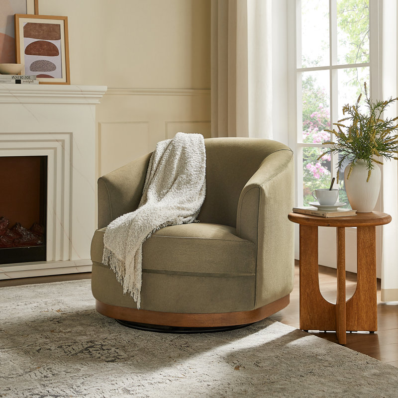 Fauteuil pivotant rembourré Solay avec base en bois, vert mousse, Vert mousse