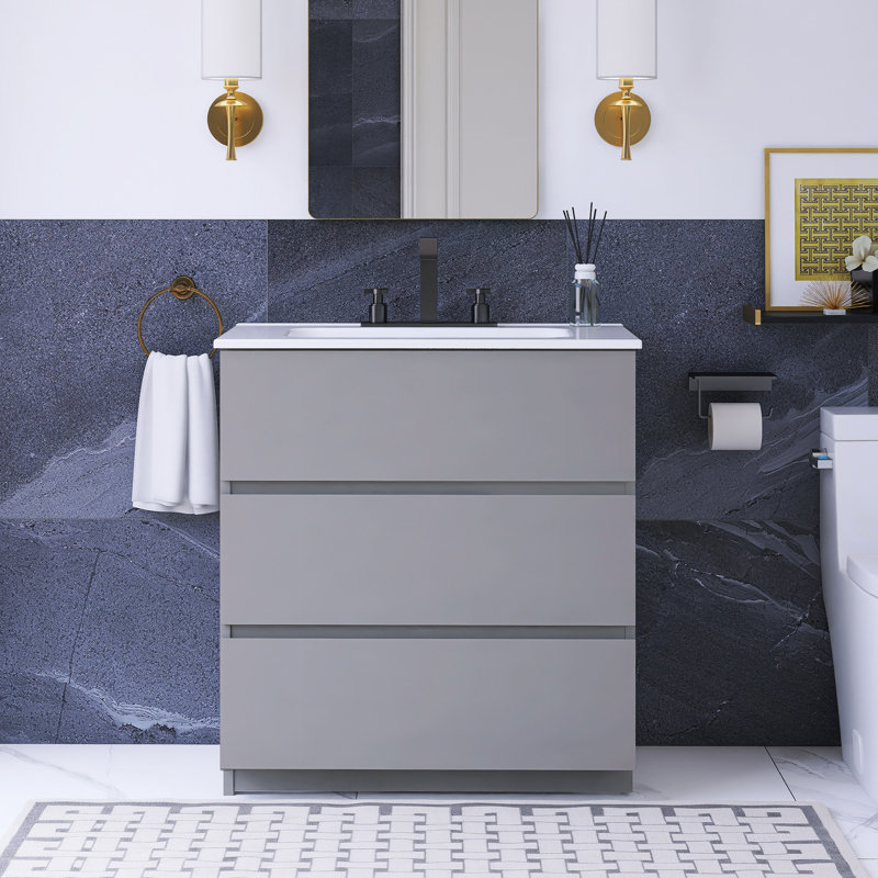 30 po W Meuble-lavabo simple avec lavabo et 3 trous de robinet, Gris