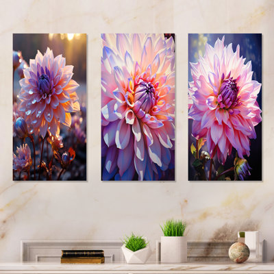 Violet Dahlia Bloom On Sunrise - Ensemble de 4 décorations murales Dahlia