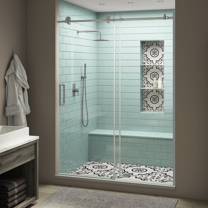 Coraline XL 56" W x 80" H Single Sliding Frameless Shower Door, Left Opening, Silver
