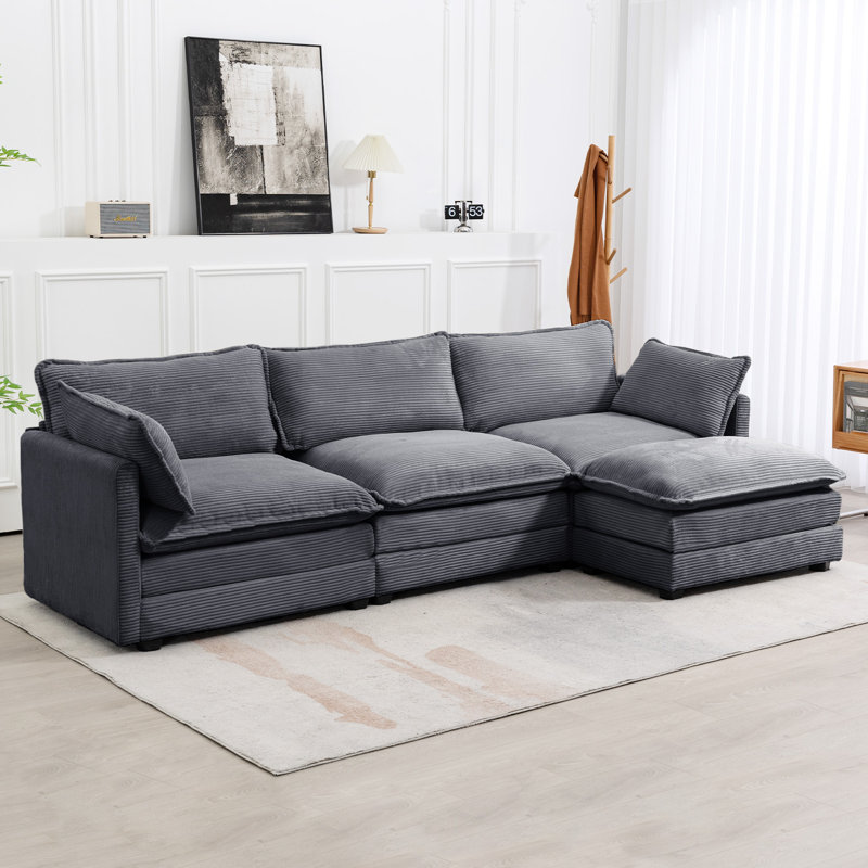 Redenius 4-Piece 112'' Upholstered L-Shape Sectional, Dark Gray Corduroy