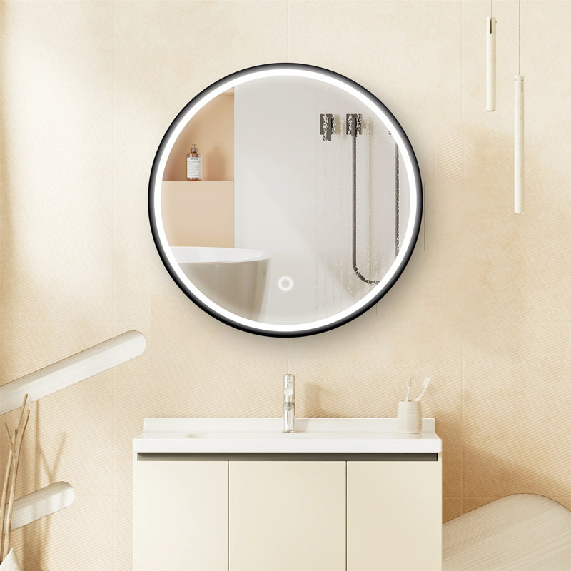 Armoire à pharmacie murale avec miroir et fonction anti-buée, offrant trois niveaux de contrôle de la température de couleur et un interrupteur tactile.