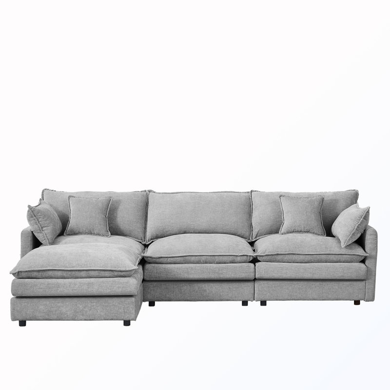 L-Shape Chenille Sectional Couches with Movable Ottoman, Gray Chenille