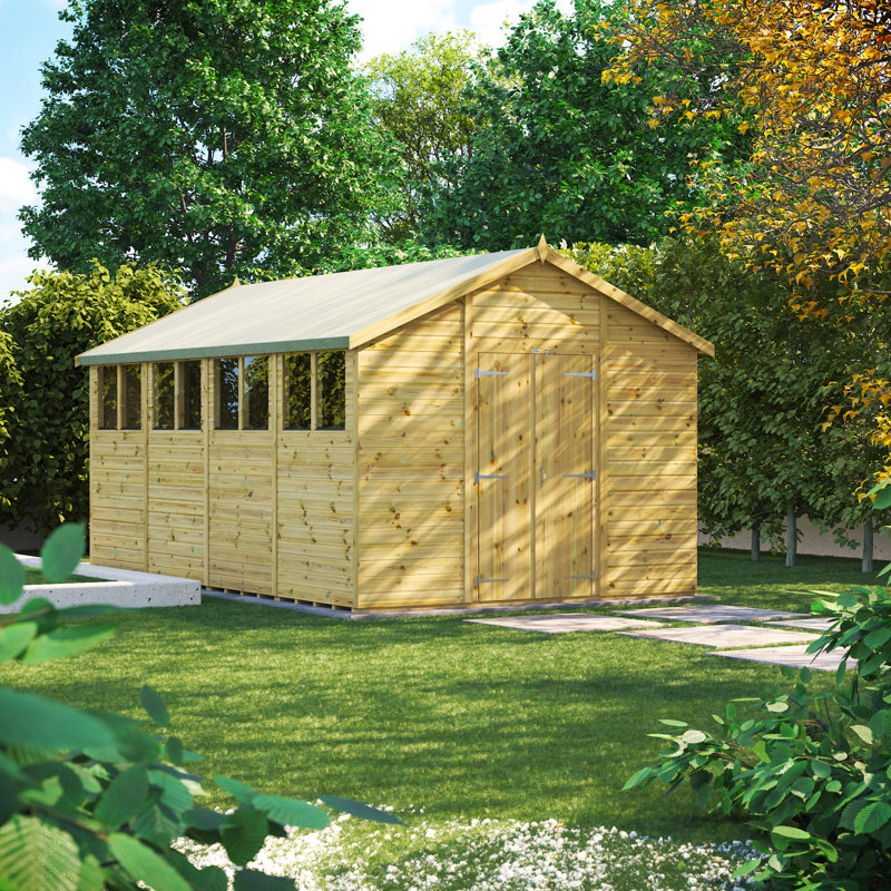 Powersheds 16 x 10ft Premium Pressure Treated Timber Apex Garden Shed, Double Doors