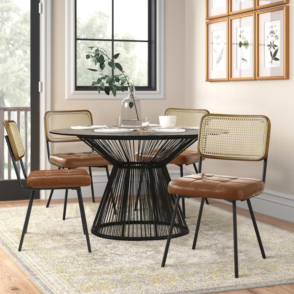 Bowens Tufted Faux Leather Upholstered Dining Side Chair with Ratten Back (Set of 4) Beachcrest Home™ Upholstery 