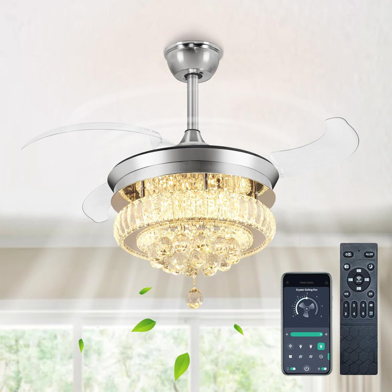 36" Chandelier Crystal Ceiling Fan With Light, Modern Dimmable Fandelier Ceiling Fans With Remote/APP Control, Chrome Retractable Blades Ceiling Fan Light For Bedroom, 6 Speeds And 3 Color Change