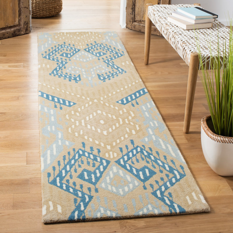 Tapis beige / bleu en laine touffeté à la main Eaton Eaton, Tapis de couloir 2 pi 3 po x 9 pi