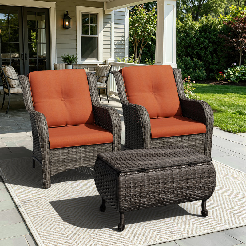 3-Piece All-Weather Wicker Patio Conversation Set With Cushions & Ottoman, Orange
