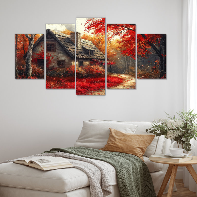 «Cottage in the Autumn Woods I» - Art mural campagne - ensemble d'art mural campagne