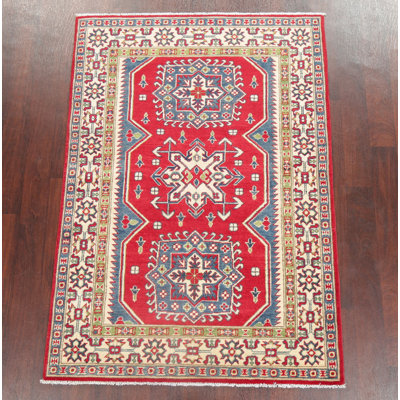 Tapis unique en laine noué à la main Kazak rouge / or 4 pi 1 po x 5 pi 10 po Ekbote