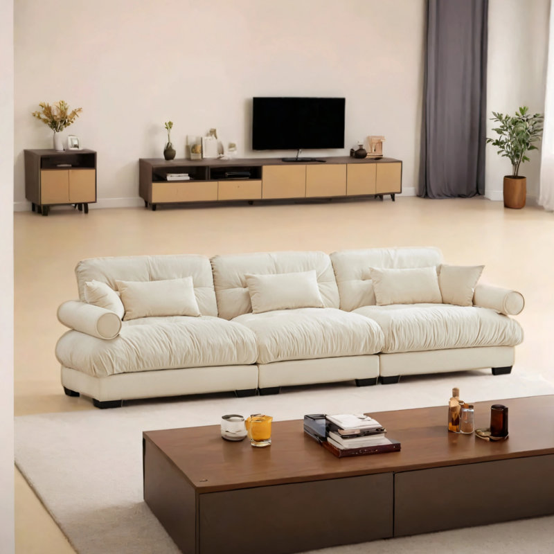 Canapé moderne surdimensionné à 3 places avec confort lombaire et coussins en forme de nuage, Velours blanc