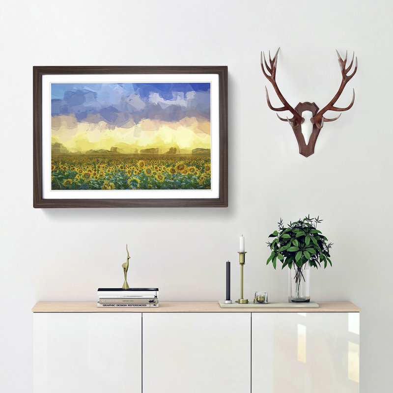 Flock of Birds Above Sunflowers in Abstract - Picture Frame Graphic Art Print, 27cm H x 36cm W x 2cm D, Walnut Framed