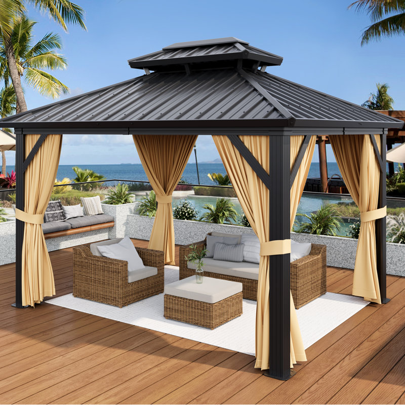 Pavillon de jardin à toit rigide avec double toit, rideaux et filet - Cadre en aluminium robuste pour cour ou terrasse, 10 x 12 pi (kaki)