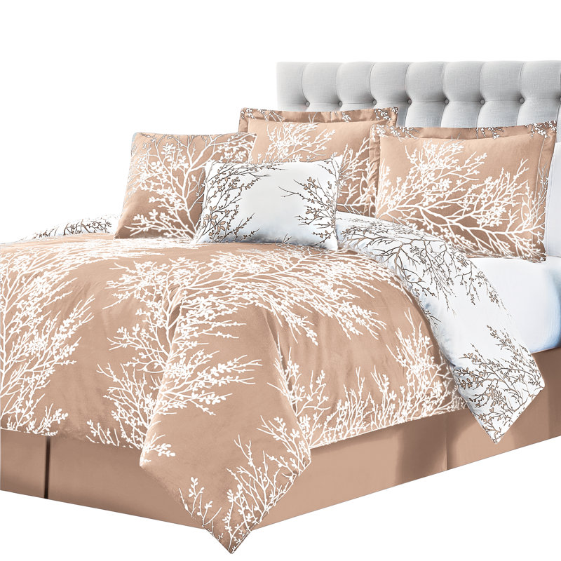 Taupe Twin Reversible Microfiber Comforter Set with Foliage Design