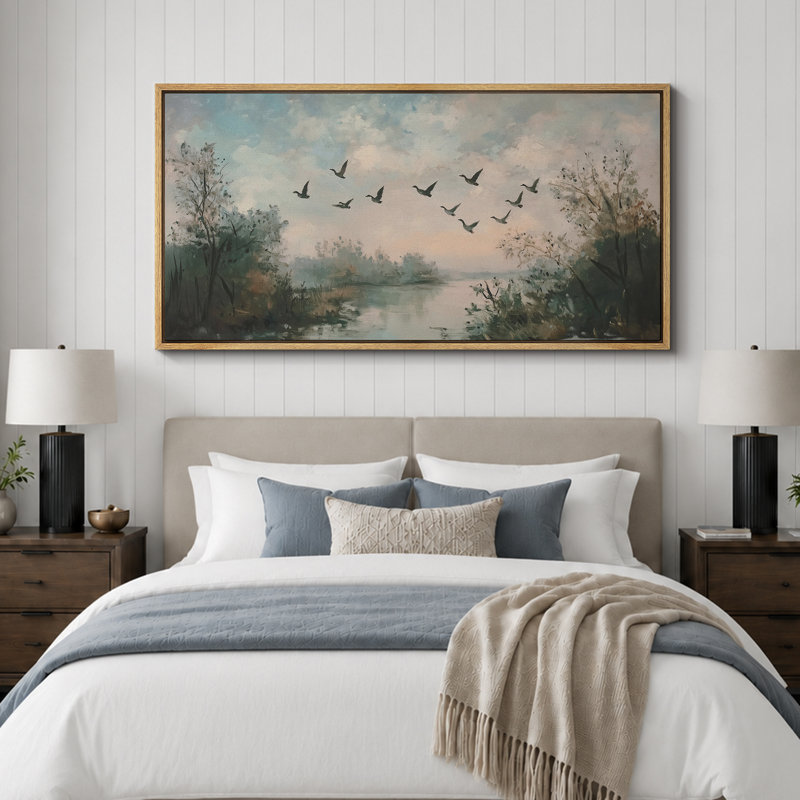 Oie sauvage volant au-dessus de la rivière, paysage rustique, photos murales, impression numérique sur toile giclée sur toile