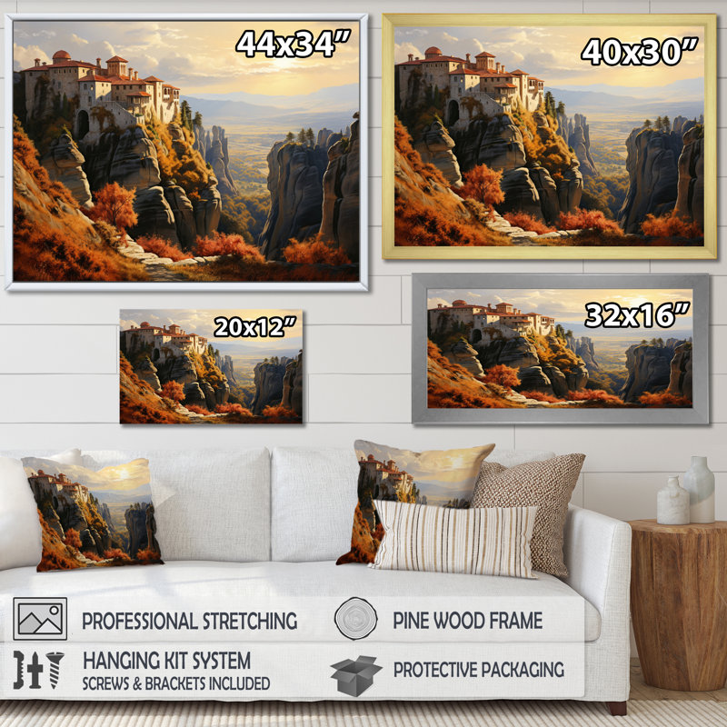 Greece Meteora Enigma I - Landscapes Canvas Art Print, Cadre photo noir, H 16 po x l 32 po x P 1 po