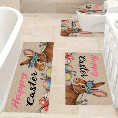 4 Pcs Floral Crown Bunny Bath Rug Set
