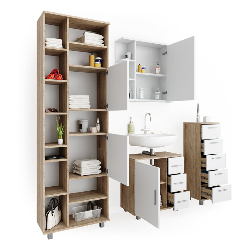 Jarelin Freestanding and Wall Bathroom Storage Furniture Set, White/Sonoma Oak