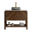Meuble-lavabo de salle de bain 36 po Indigo, armoire de rangement autoportante en contreplaqué avec 2 portes diagonales rayées et tablette ouverte, lavabo en verre de transport noir et plateau en pierre frittée blanc de Carrare, grain de bois noyer foncé-130369467-130369474