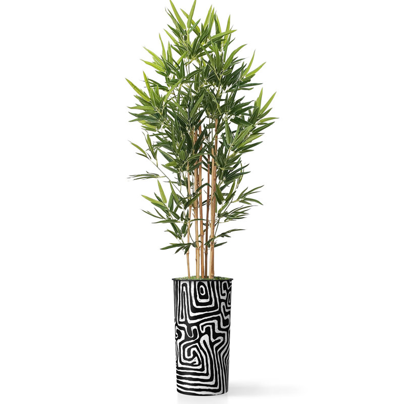 Artificial Tree in Geometric Pattern Planter Fake Bamboo Silk Tree (Plant Pot Plus Tree), Swirl Black
