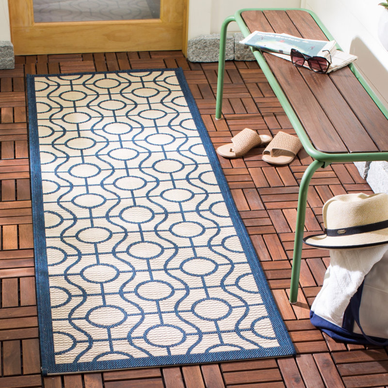 Arneshia Geometric Beige/Blue Indoor/Outdoor Area Rug, Runner 2'3" x 6'7"