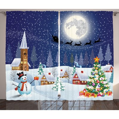 Christmas Decorations Winter Snowman Xmas Tree Santa Sleigh Church Moon Gifts Snow Stars Graphic Print & Text Semi-Sheer Rod Pocket Curtain Panels -  The Holiday AisleÂ®, THLA2199 39453211