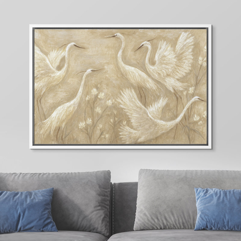 «White Cranes in Graceful Motion Neutral Botanical Scene», reproduction d'art sur toile encadrée dans la chambre principale
