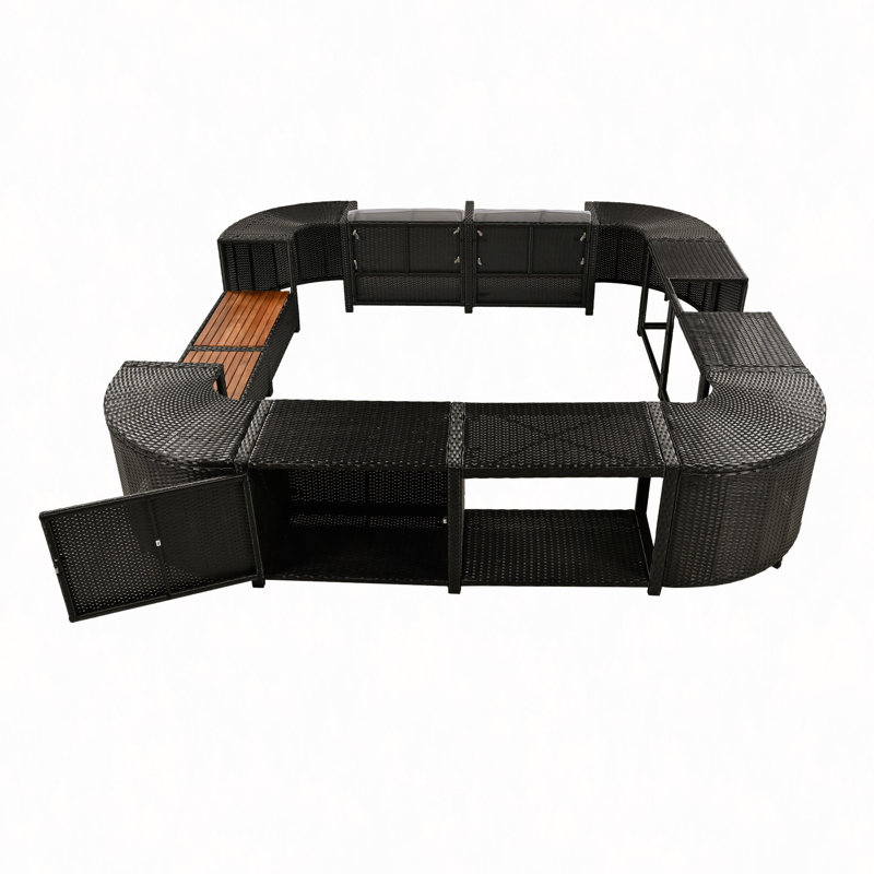 Ensemble de canapés modulaires en rotin pour l'extérieur avec cadre mini spa, sièges en bois et espaces de rangement, Gris
